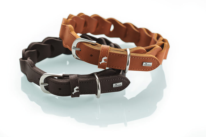 Solid EDUCATION Chain Collar - Hunter Pet Store -Collar for leisure activities (not for training purposes!) -With handmade and interlinked leather elements -Special design provides pleasant, light tug damping at the dog's neck -Made in Germany