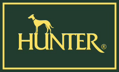 HUNTER logo with a dog silhouette on a dark green background, framed in gold.